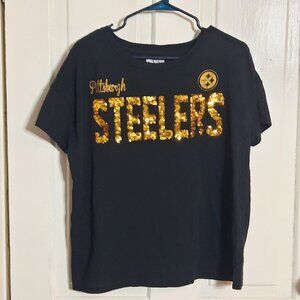 STEELERS SEQUIN SPELL OUT TEE, Women's Pittsburgh Football Black Tshirt, Sparkle